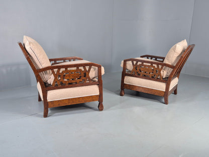 Vintage Art Deco Pair Armchairs Dappled Walnut White Boucle Bergere EB12556