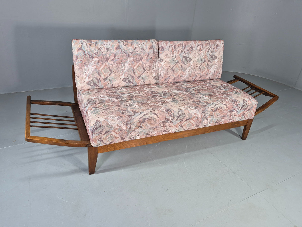 Vintage Danish Two Seat Sofa Bed Beech Frame 1950s Floral Cotton Retro EB12783