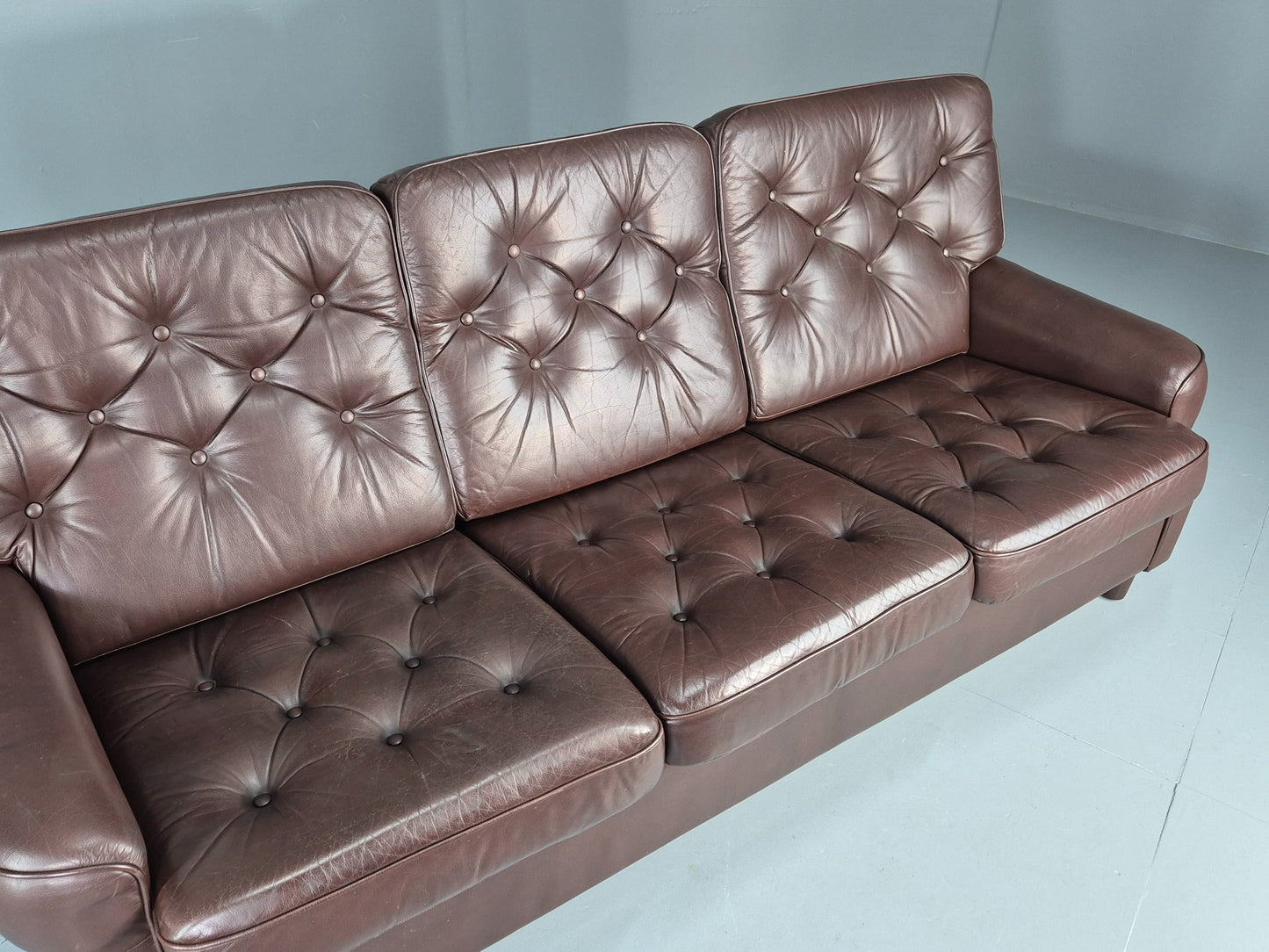 Vintage 3 Seater Leather Sofa Danish 1970s Brown Leather Retro MCM EB12411