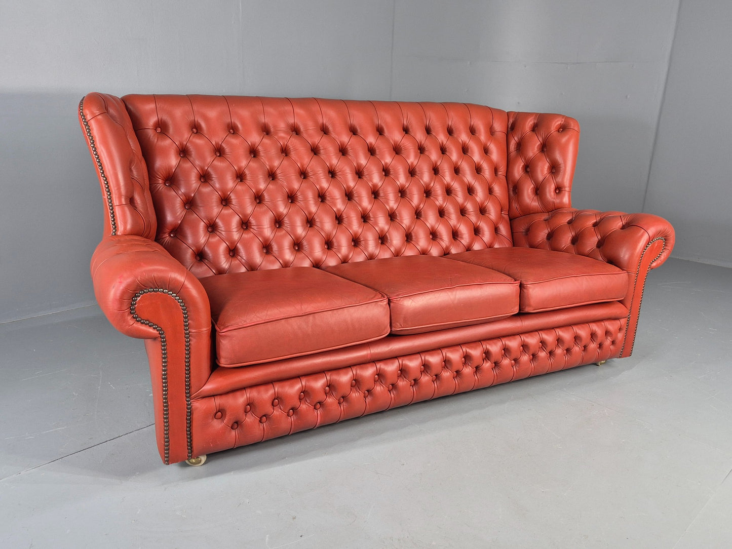 Vintage Highback Chesterfield 3 Seater Sofa 70s Danish Retro Red Leather EB12374