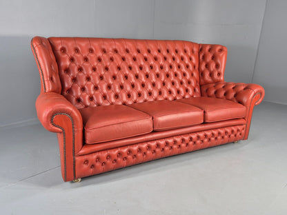 Vintage Highback Chesterfield 3 Seater Sofa 70s Danish Retro Red Leather EB12374