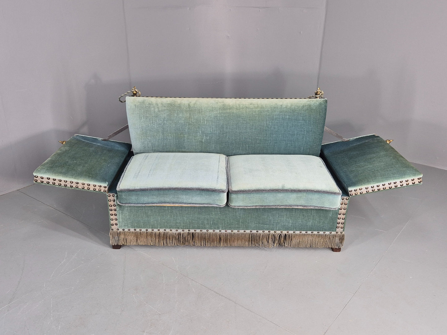 Vintage Danish Knole Sofa 2 Seater Blue Velour Floral Cream Cushions EB12748