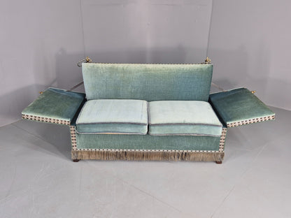 Vintage Danish Knole Sofa 2 Seater Blue Velour Floral Cream Cushions EB12748