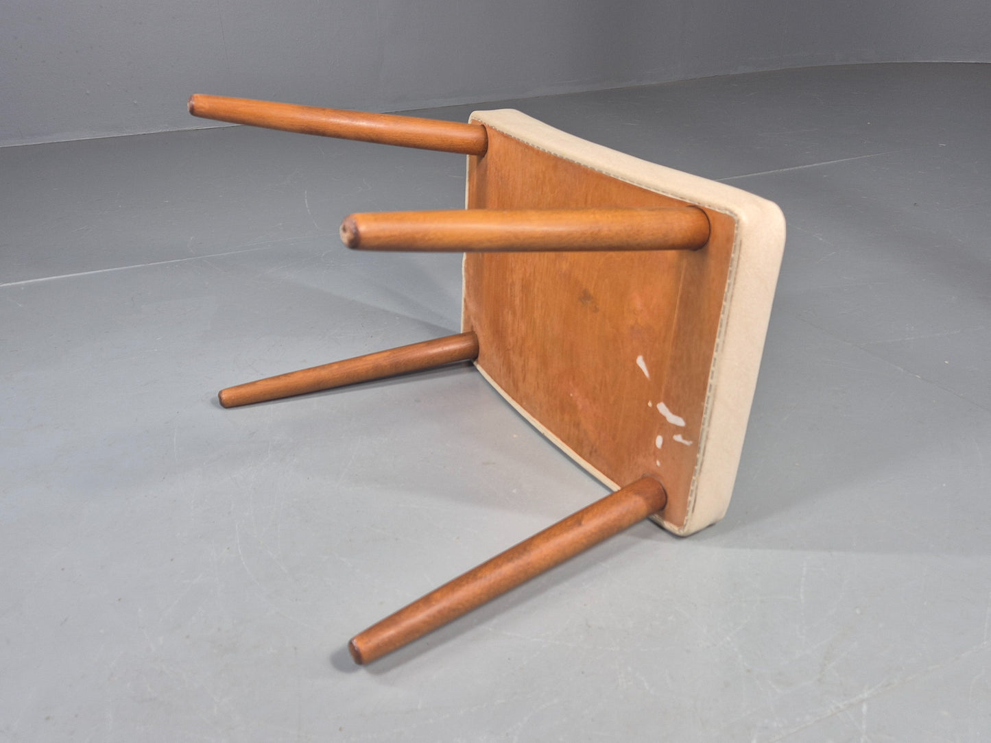 Vintage Mid Century Footstool Danish Cream Vinyl Beech Legs 1960s Retro 12052