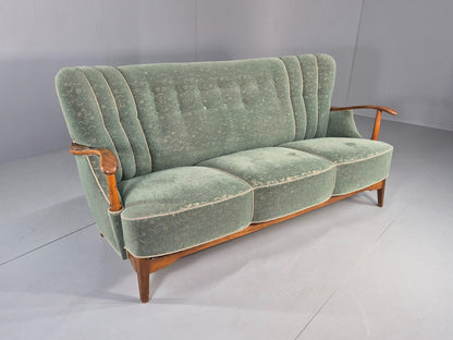 Danish 1950s 3 seater Sofa Shell Back Green Moquette Curved Front EB12768