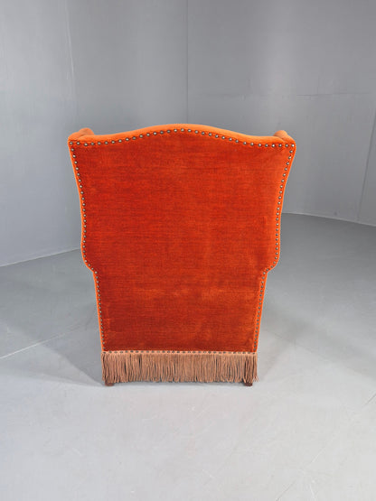 Vintage Wing Back Lounge Chair Danish 20th Century Orange Cream Tassels  EB12707