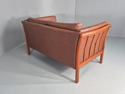 Vintage 2 Seater Sofa Danish Brown Leather Wood Ends Retro 1980s EB8349 M2SS