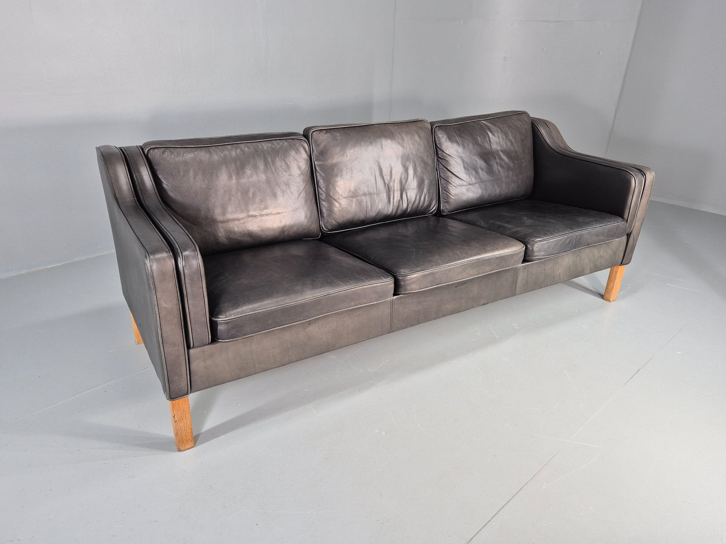 Vintage 3 Seat Sofa Danish 1970s Retro Black Leather Mid Century Modern EB12425