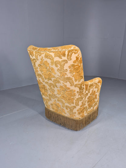 Vintage Danish 1970s Bedroom Tub Chair Gold Floral Flock Tassels EB12685