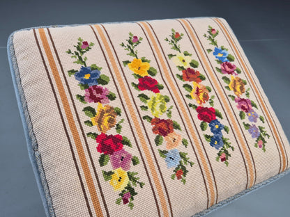 Vintage Danish Midcentury Footstool with Tapestry Floral Top 1960s EB12029