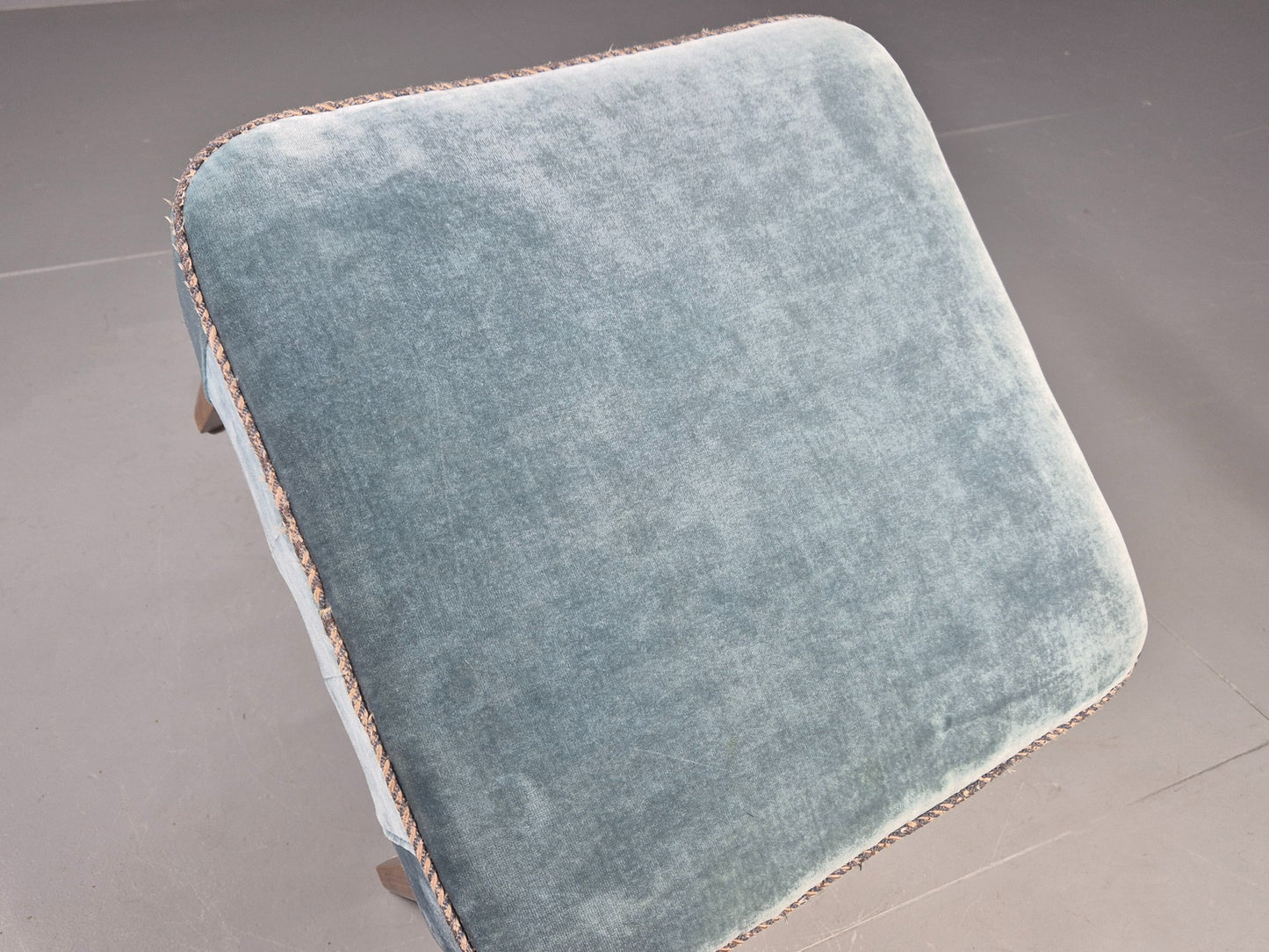 Vintage Danish Mid Century Footstool Blue Velour Upholstery 1950s Retro EB12053