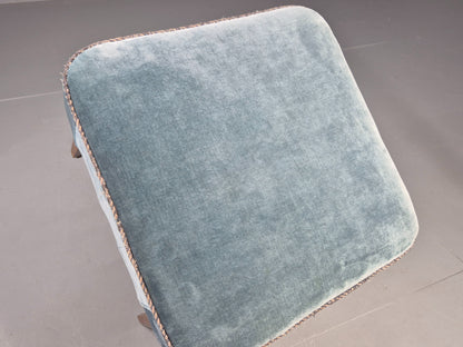 Vintage Danish Mid Century Footstool Blue Velour Upholstery 1950s Retro EB12053