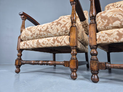 2 Utility Era Open Armed Lounge Chairs Wood Frames Floral Moquette 1940s EB12915