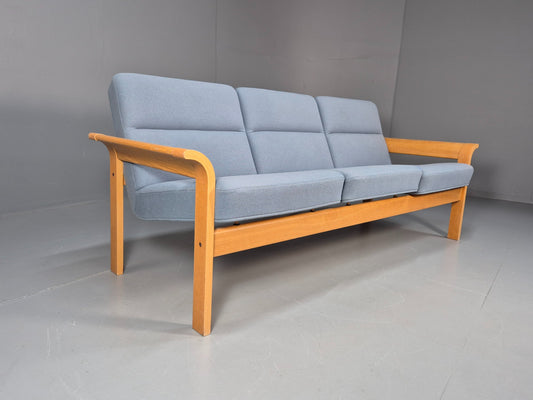 Vintage Danish Magnus Olesen Sofa Oak and Blue Wool 1970s EB9377 M3SS