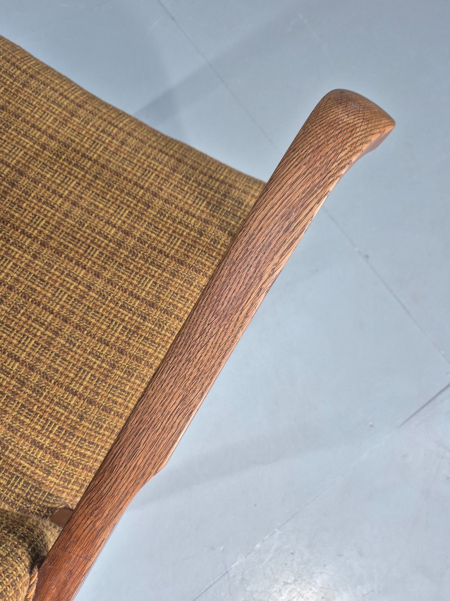 Vintage Elbow Chair 1950s Danish Oak Frame Green Wool Upholstery EB12004