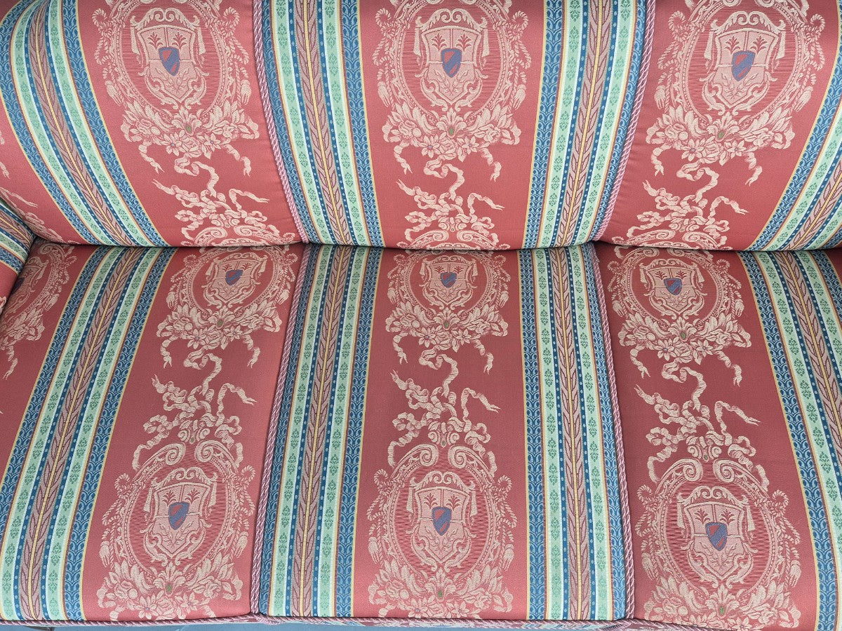 Vintage 3 Seater Sofa Art Deco Bergere Walnut Frame Cotton Colourful EB12734