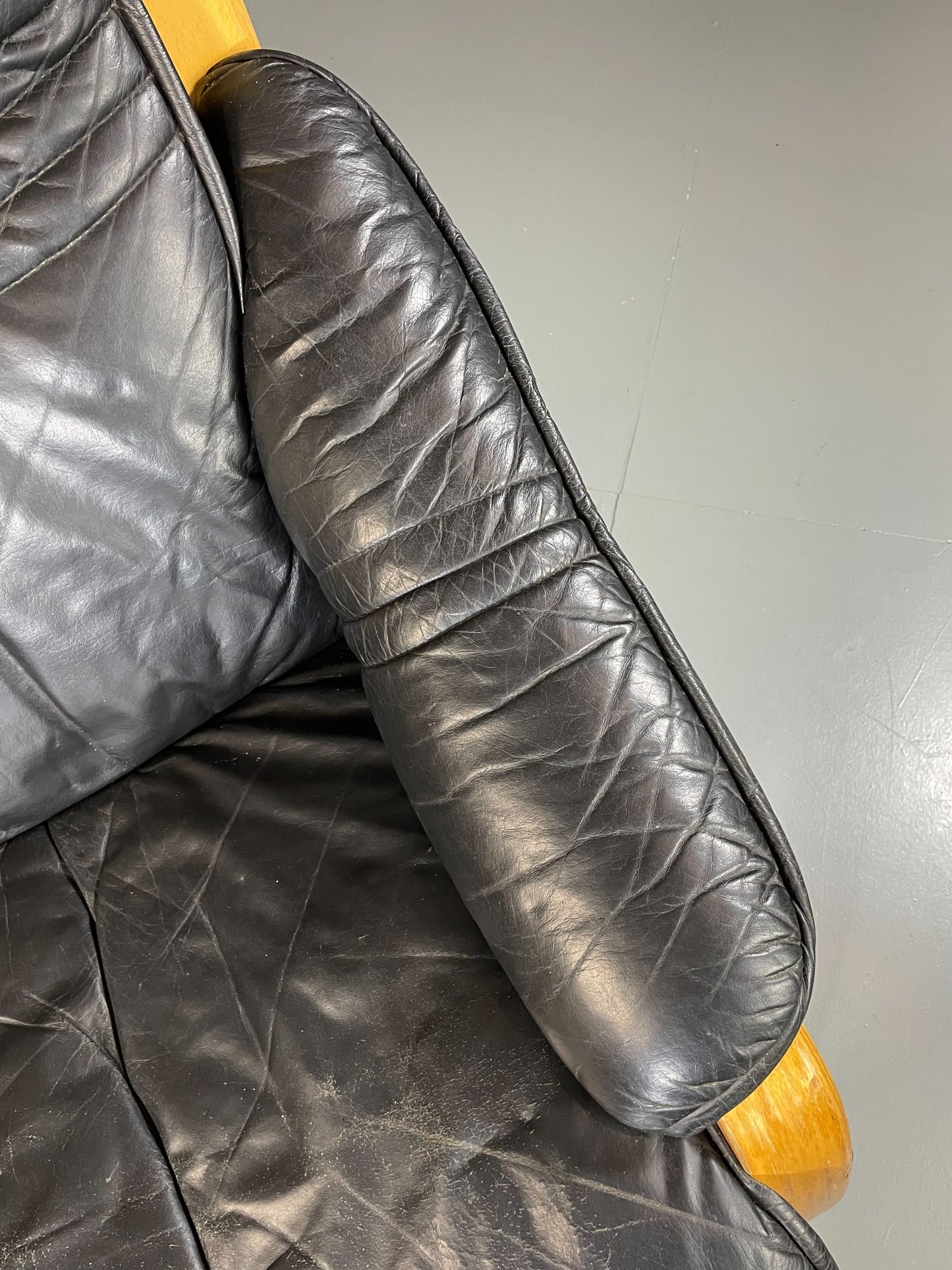 Vintage 70s Retro Lounge Chair Danish Black Leather Bentwood MCM EB06223