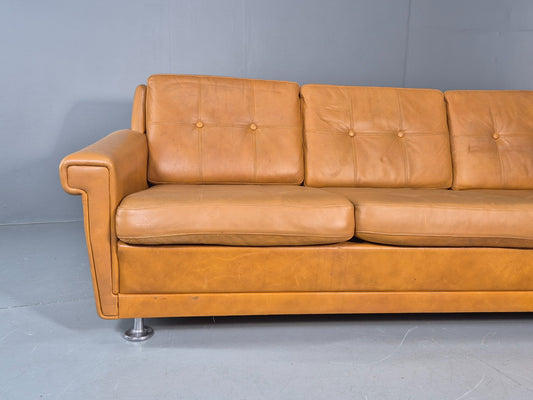 Vintage 3 Seater Mid Century Sofa Tan Leather 1970s Retro Chrome Feet  EB11773