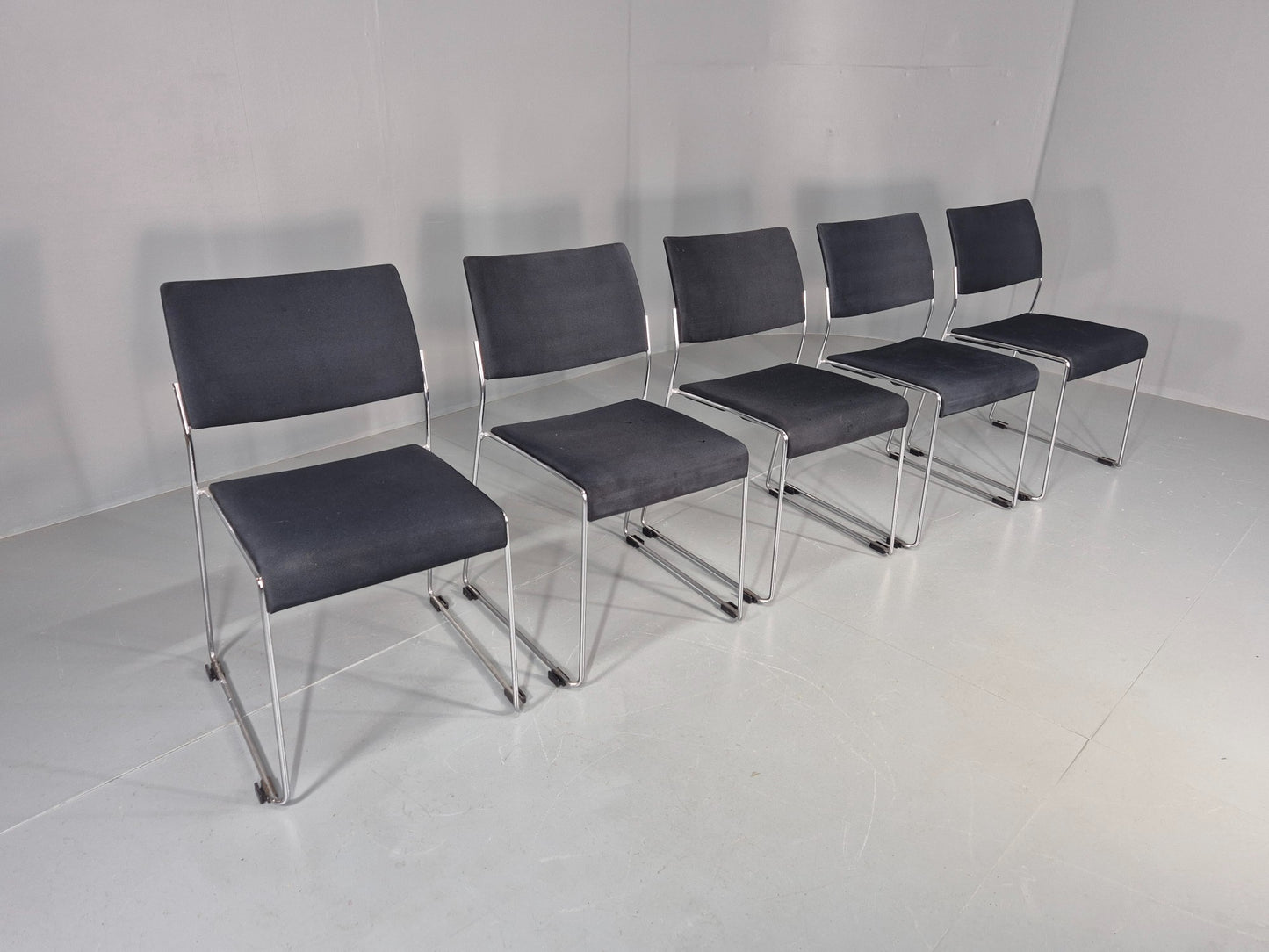 5 Vintage Stacking Chairs Chrome Rod and Black Cloth Brunner Brand EB12003