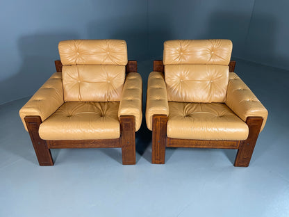 2 Vintage Ekornes Lounge Chairs Caramel Leather 1980s Retro MCM EB06937