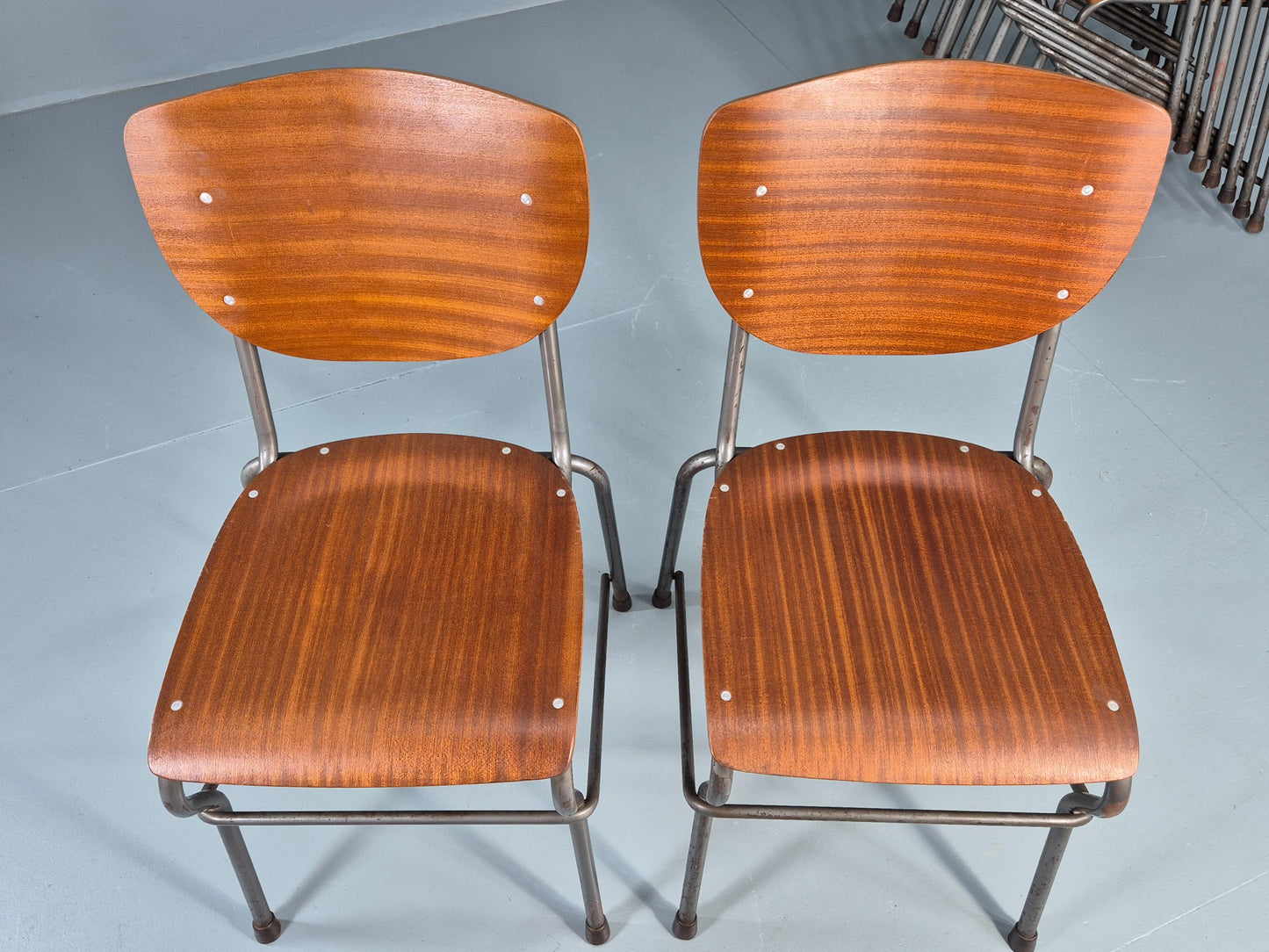 9 Vintage Danish Stacking Industrial Chairs Teak and Steel 1960s Retro EB12403