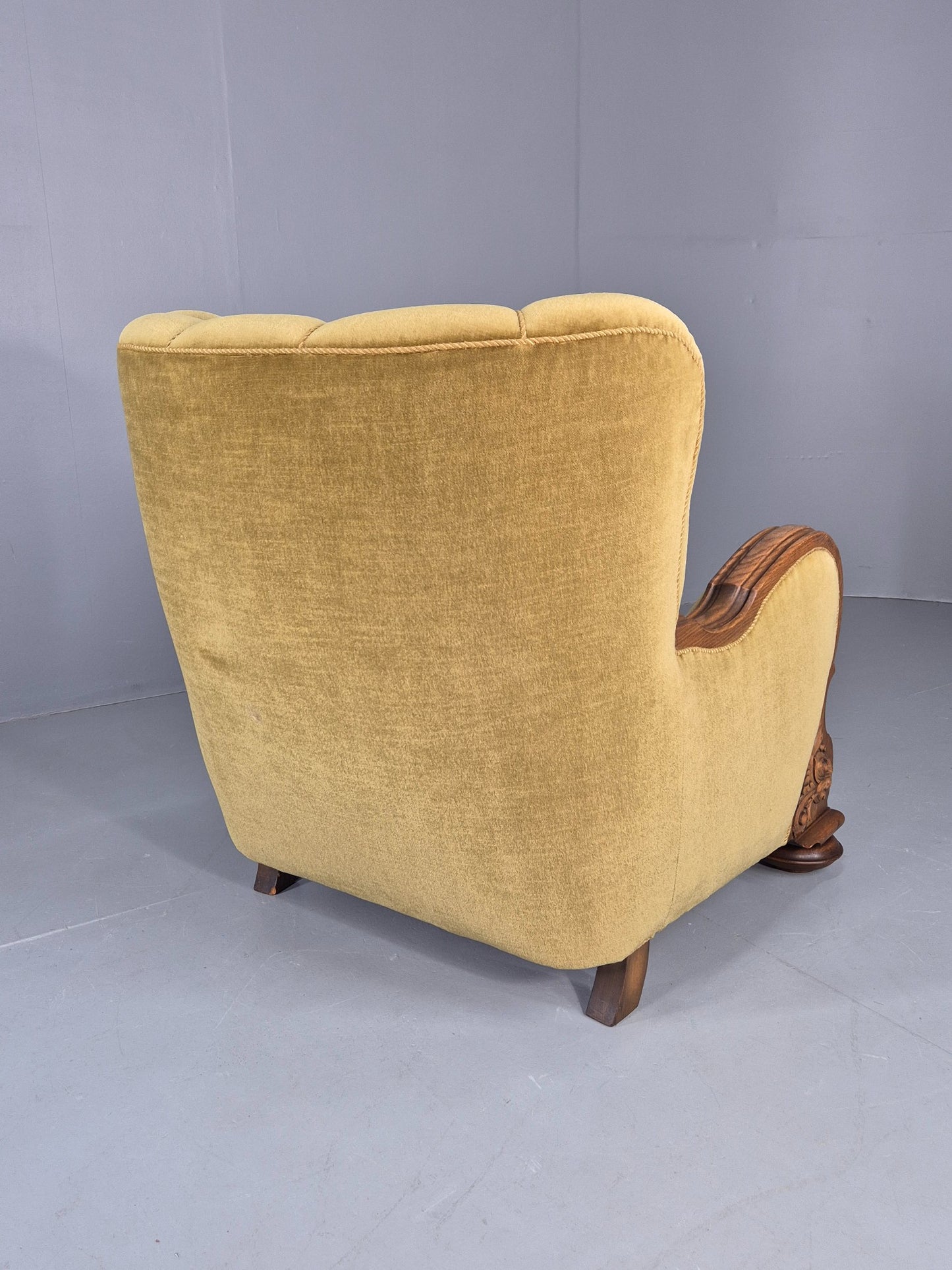 Vintage Danish Art Deco Lounge Chair Carved Oak Frame 1940s Green Floral EB12837