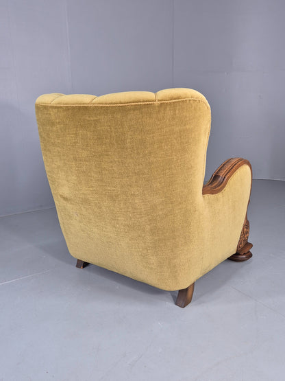 Vintage Danish Art Deco Lounge Chair Carved Oak Frame 1940s Green Floral EB12837