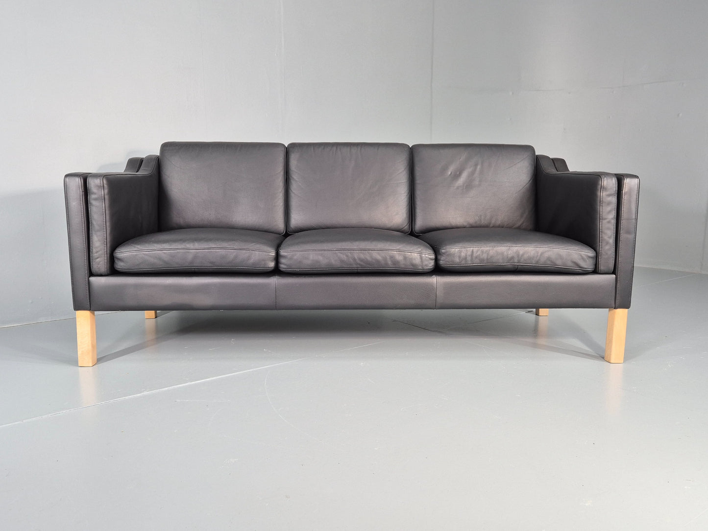 Vintage 3 Seater Sofa Danish Black Leather Mogensen Style Retro MCM 80s EB12440