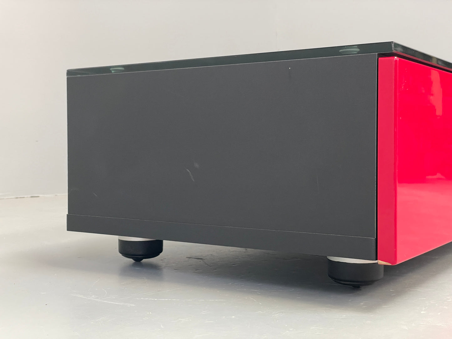 Modern Low TV Unit Glass Top Red Black Aluminium Handles Drawers EB12878