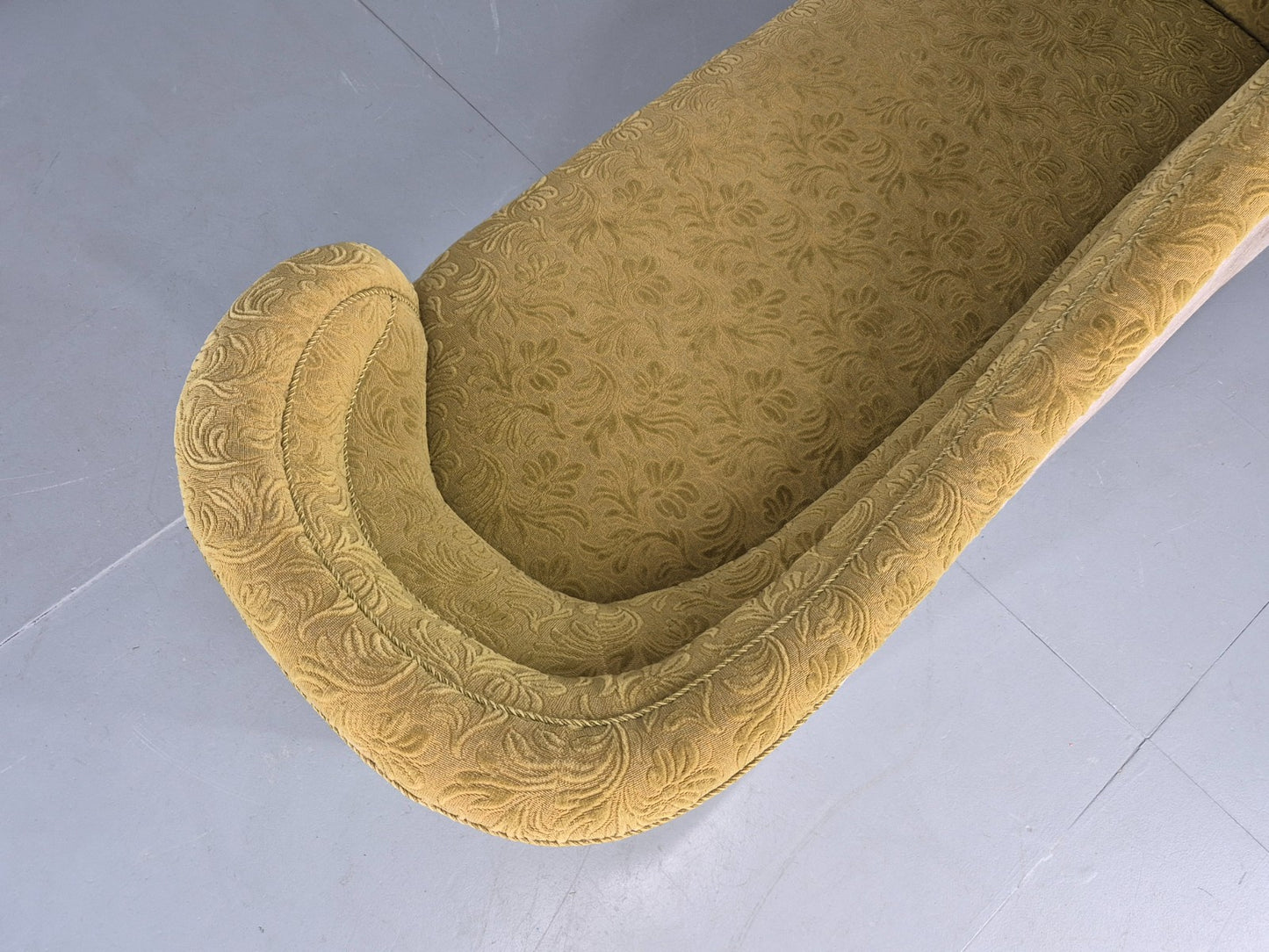 Vintage Danish Art Deco Chaise Lounge Green Moquette Tassels and Curves EB12765
