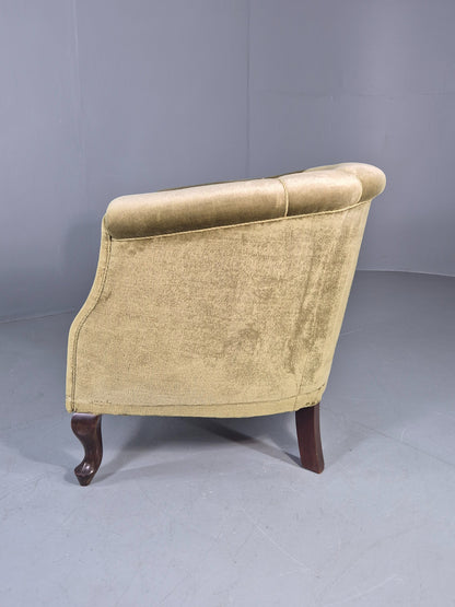 Vintage Danish Art Deco Tub Chair Green Velour Cabriole Legs 1940s EB12717