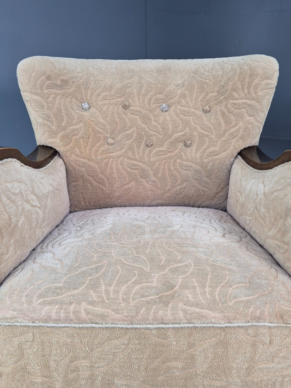 Antique Danish Art Deco Armchair Cream Moquette Beech Frame 1920s EB02887