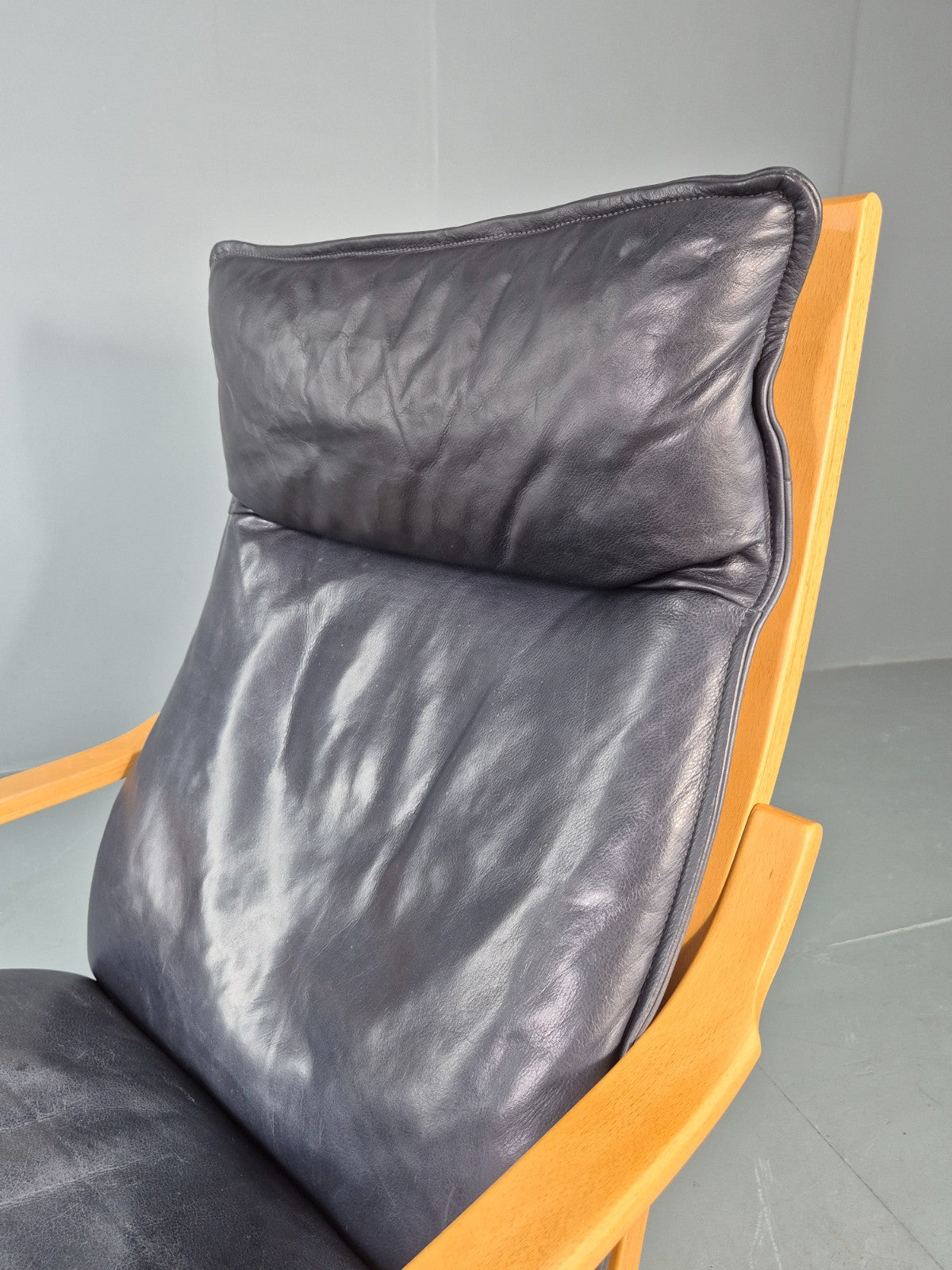 Vintage Danish Lounge Chair Bent Wood Frame Black Leather Cushion 1980s EB13077