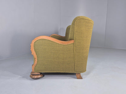 Vintage Danish 3 Seater Sofa Deco Stlyed 1940s Carved Oak Frame Retro EB12673