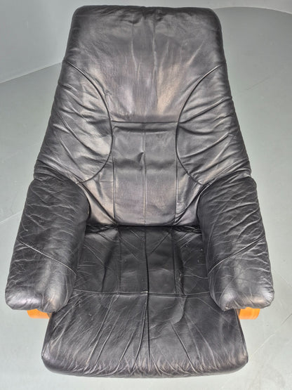 Vintage Danish Swivel Recline Chair Black Leather Bentwood 1980s Retro EB9254