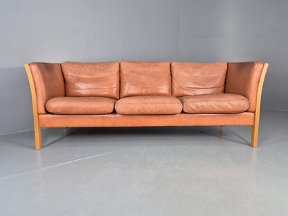 Vintage 3 Seater Sofa Tan Leather Stouby Style 1980s Retro MCM EB10104