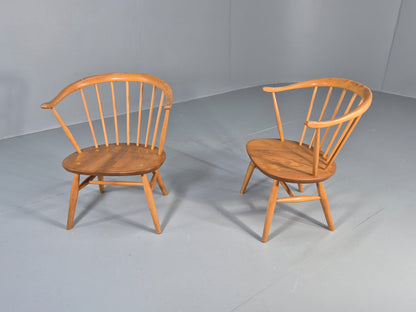 2 Ercol Cowhorn Elbow Chairs Blonde Wood 1960s Short Legged Retro MCM EB12459