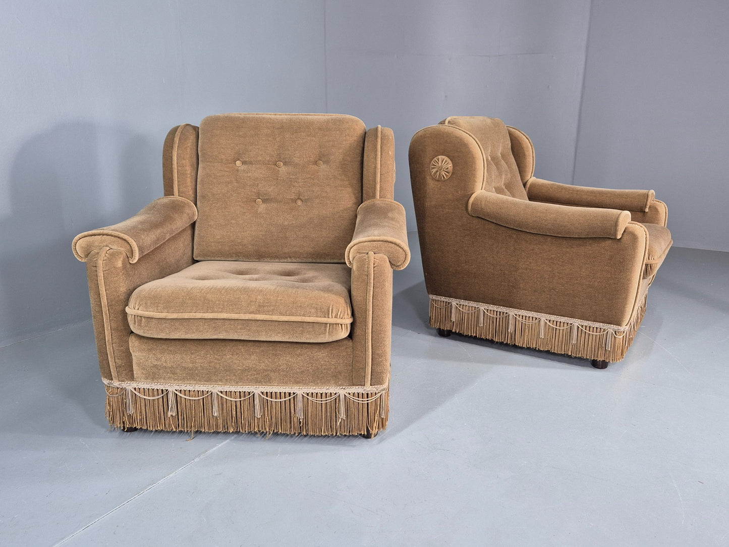 Vintage 1970s Lounge Chairs Green Velour Tassels Wing Back Danish Retro EB12137