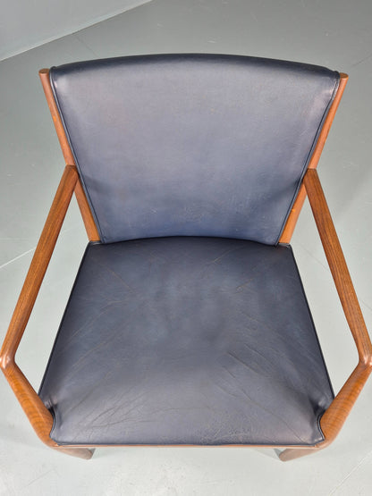 Vintage Mid Century Teak Armchair Blue Leather 1960s Retro  EB11896