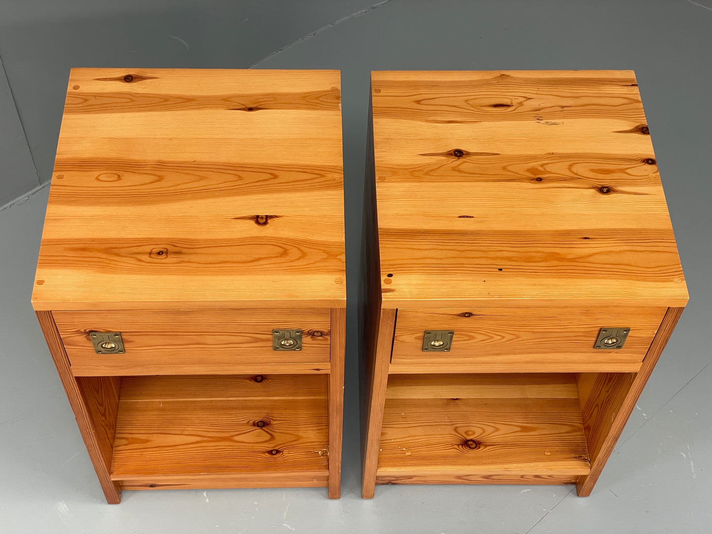 Vintage Pine Bedside Cabinets Pair 1970s Retro Drawers Brass Handle EB12904