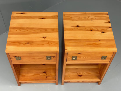 Vintage Pine Bedside Cabinets Pair 1970s Retro Drawers Brass Handle EB12904