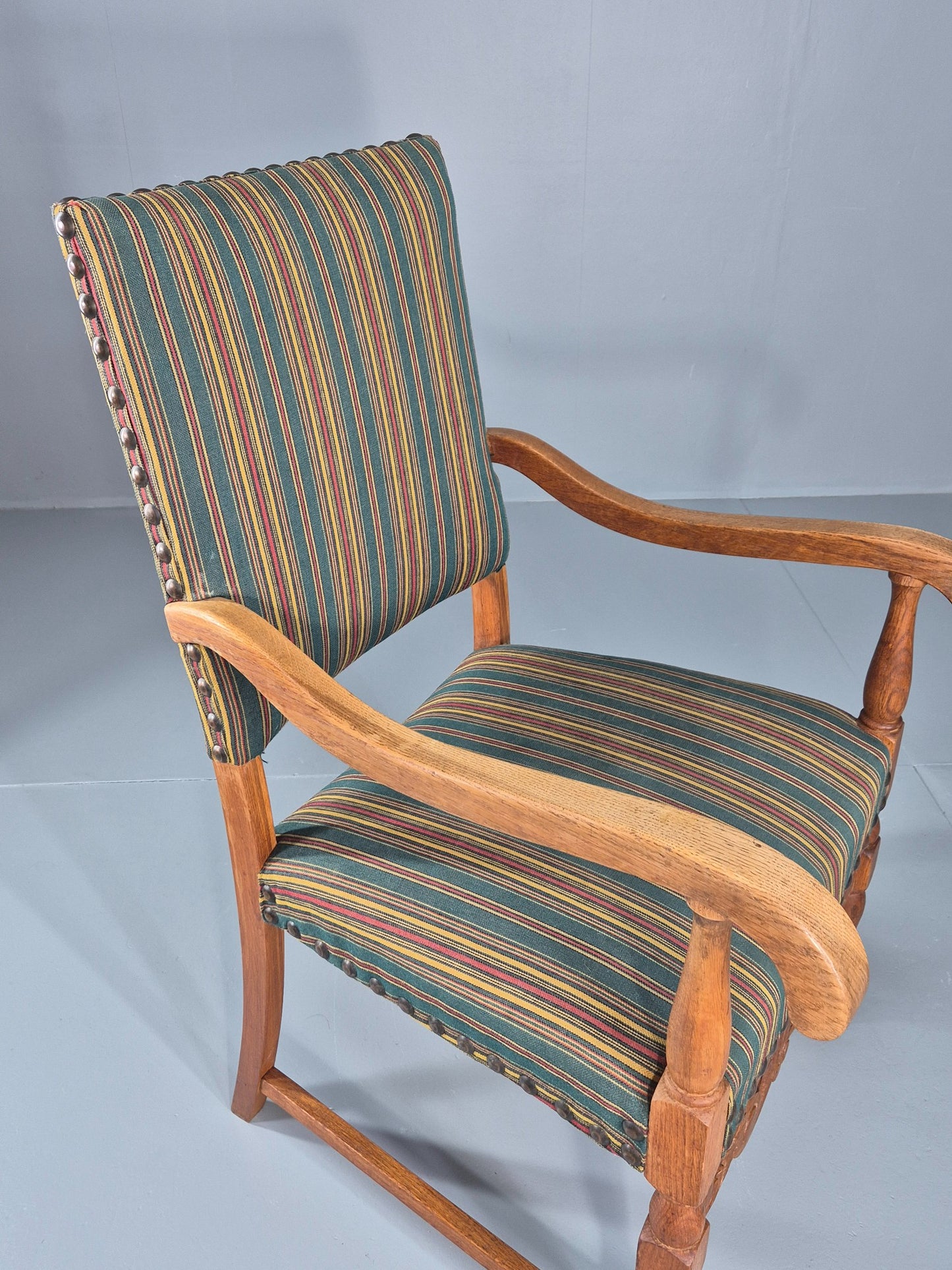Vintage Danish Baroque Style Arm Chair Oak and Striped Wool 1960s  EB12460
