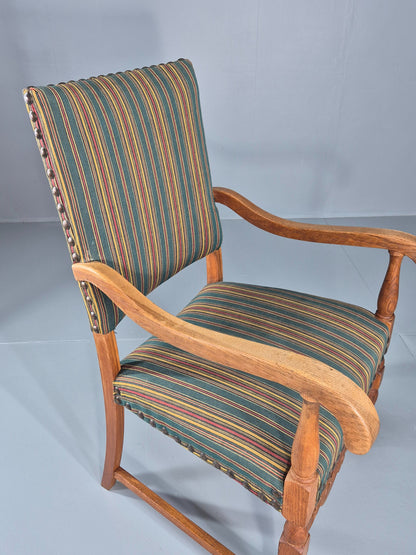 Vintage Danish Baroque Style Arm Chair Oak and Striped Wool 1960s  EB12460