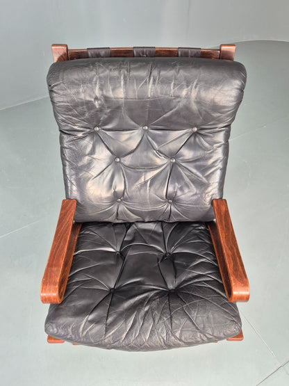 Vintage Mid Century Lounge Chair Black leather Skyline Model 1970s Retro EB12126