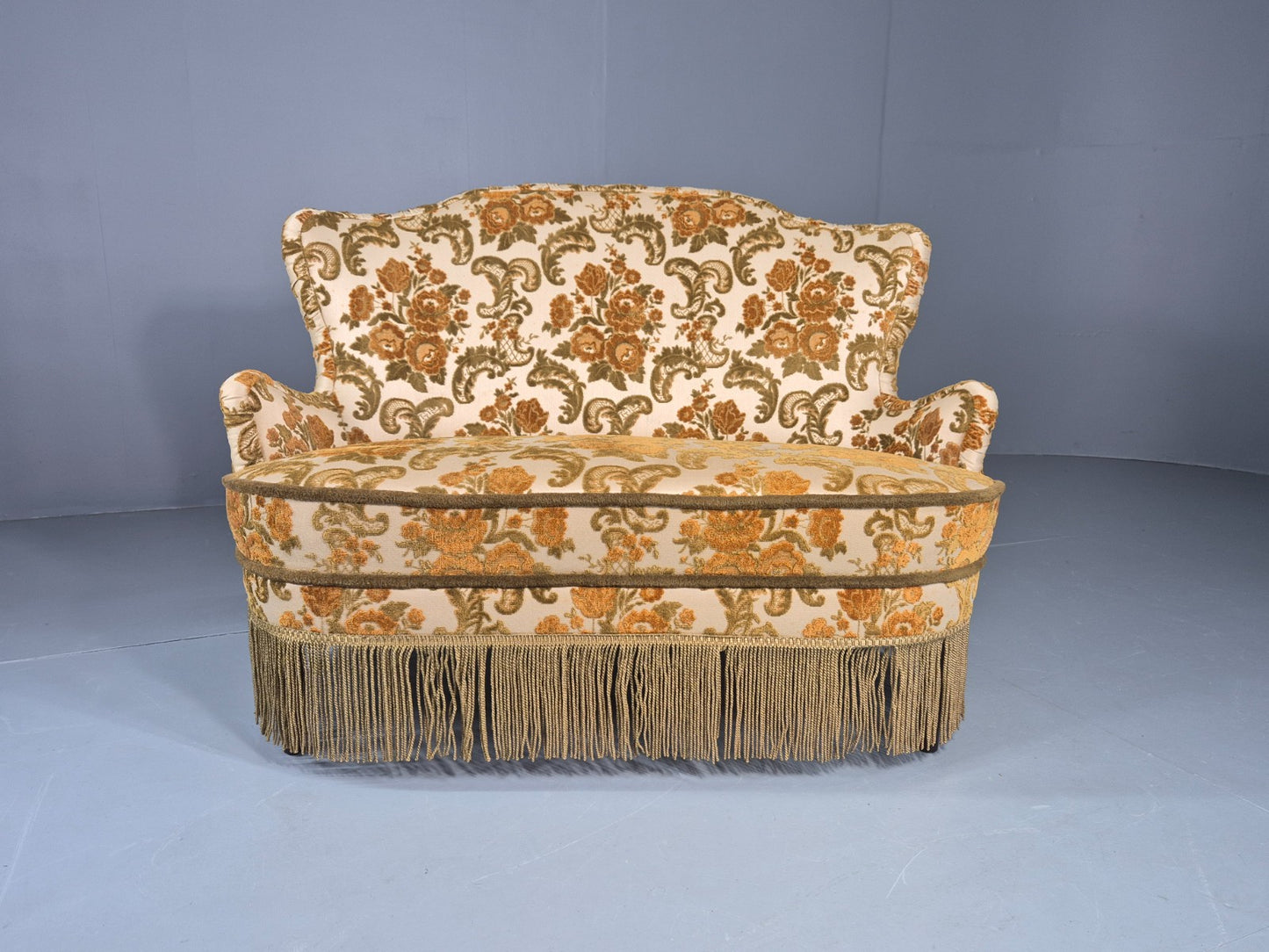Dinky Danish 2 seat Sofa 1970s Glam Gold Floral Moquette Kitsch Retro EB12738