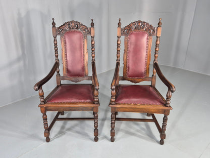 2 Antique Baroque Revival Oak Throne Chairs Late 19th Century EB12259