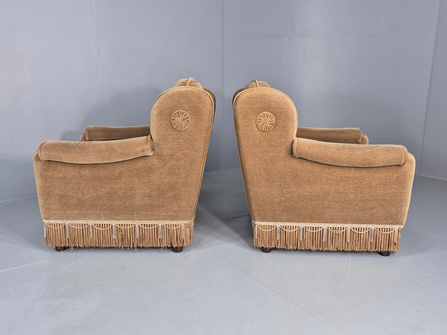 Vintage 1970s Lounge Chairs Green Velour Tassels Wing Back Danish Retro EB12137