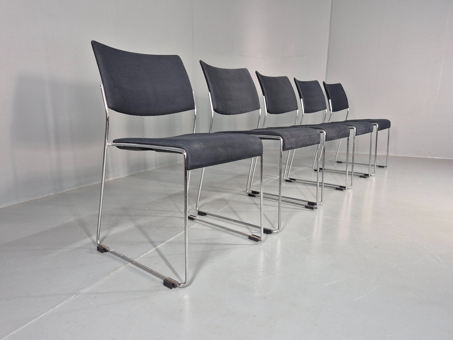 5 Vintage Stacking Chairs Chrome Rod and Black Cloth Brunner Brand EB12003
