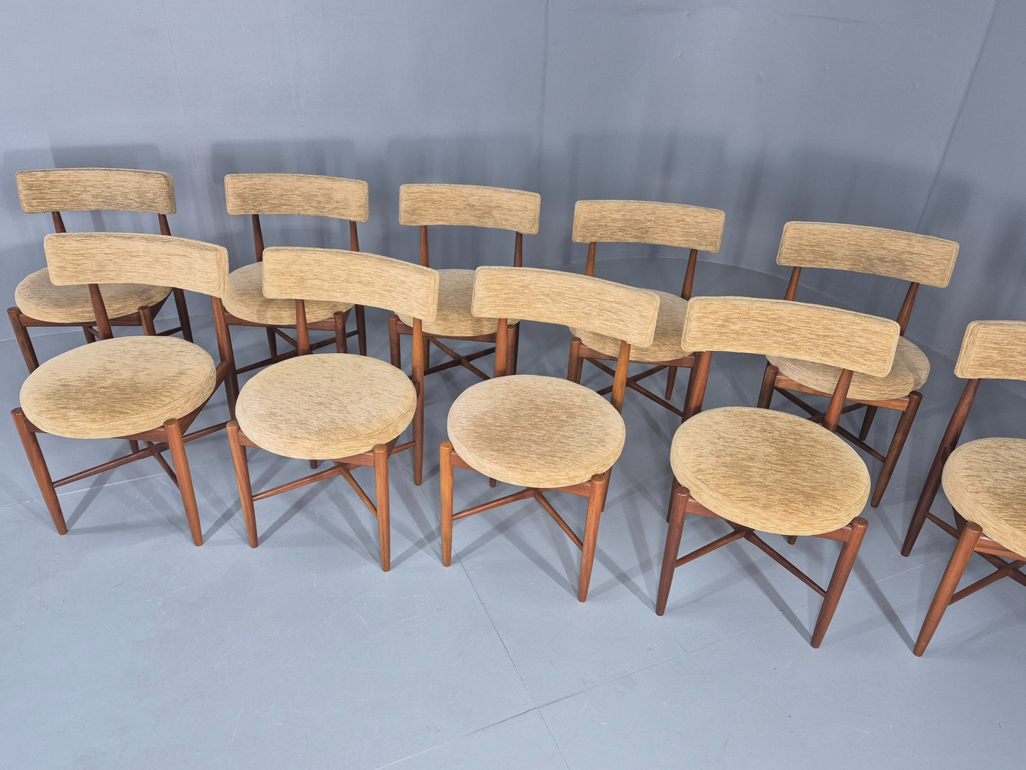 10 Vintage G Plan Dining Chairs Circle Seat Model Teak Frames Chenille EB12027