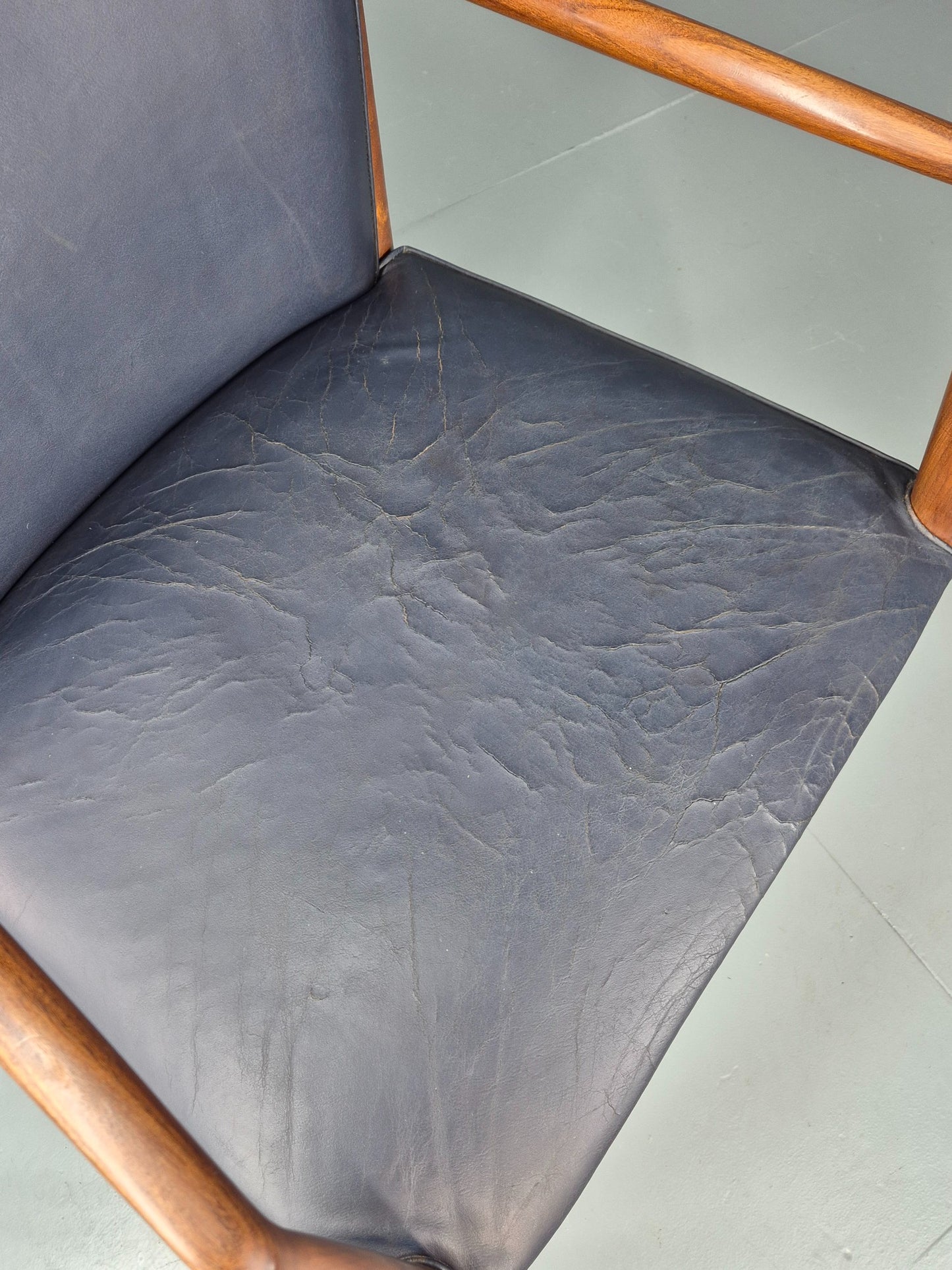 Vintage Mid Century Teak Armchair Blue Leather 1960s Retro EB11908